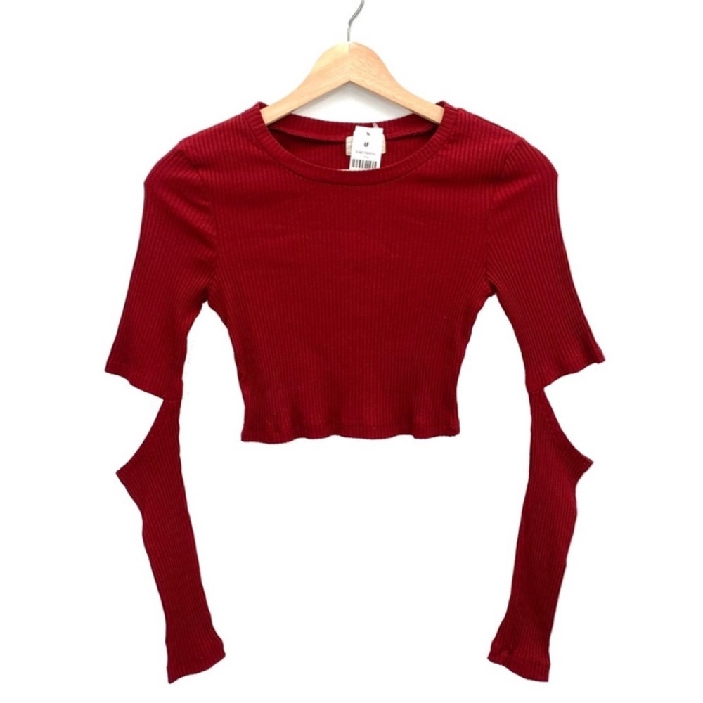 LF Rumor Boutique Cutout Elbows Ribbed Crop Top Size XS Burgundy NWT
